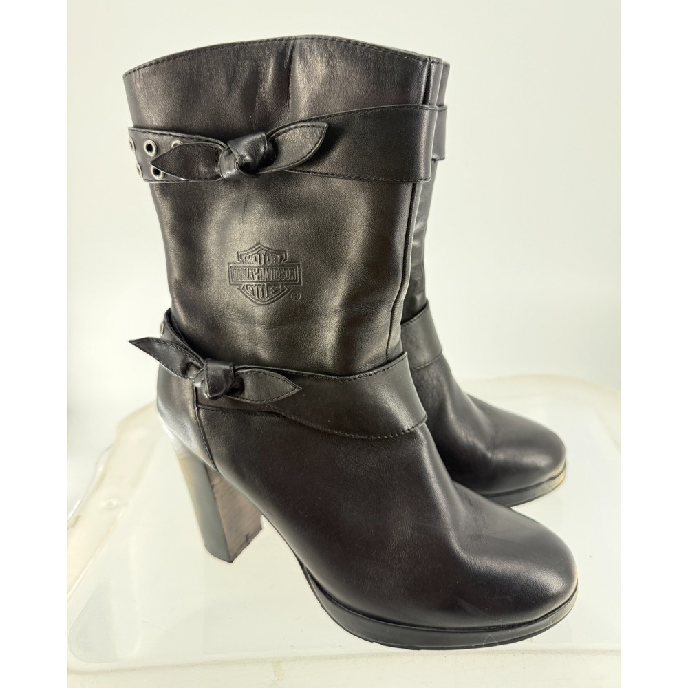 Harley-Davidson Black Leather Mid Calf Heeled Moto Boots Buckle Logo Women's 9